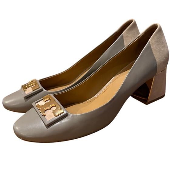 Tory Burch Gigi Taupe Gray Heron Leather Logo Block Heel Pump Sz. 9.5 - Picture 4 of 11